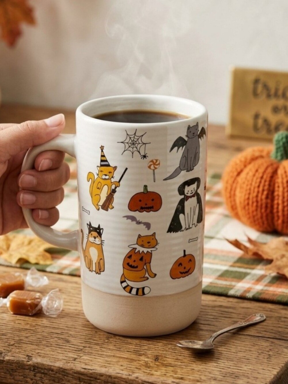 Halloween Ceramic Mug with Cats in Costumes and Pumpkins.